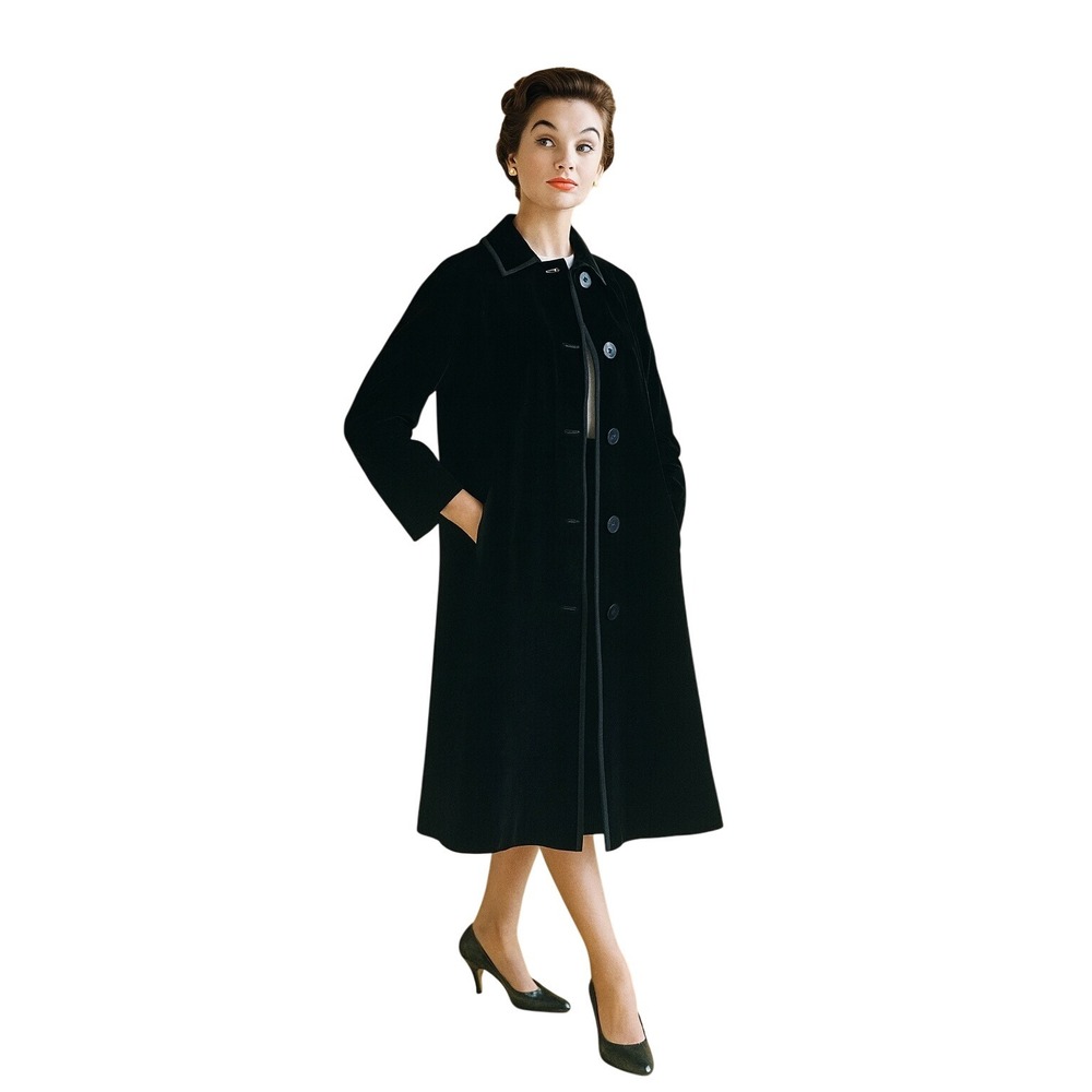 Vintage Black Velvet Reversible Midi‎ Button Front Coat